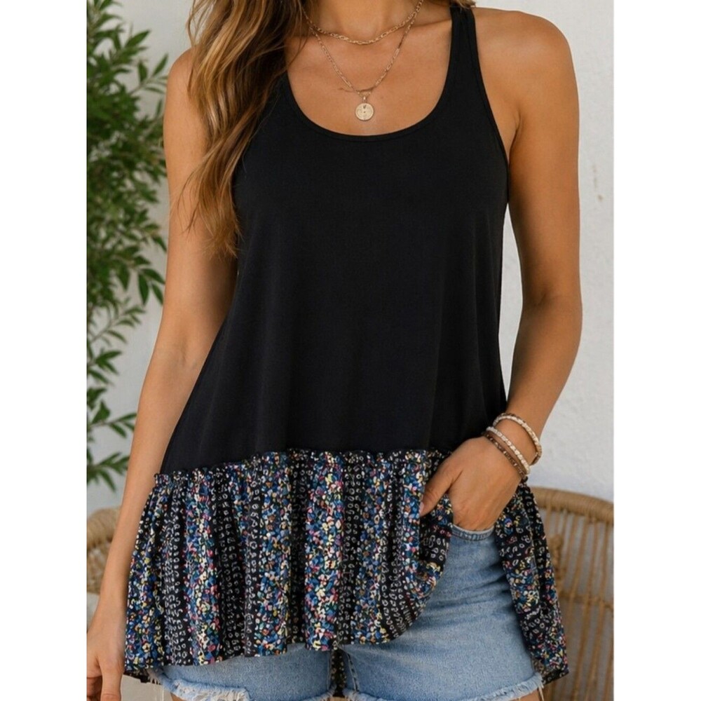 Umgee Black Racerback Floral Ruffle  Boho Cottagecore Babydoll Tunic Sz S   NWT